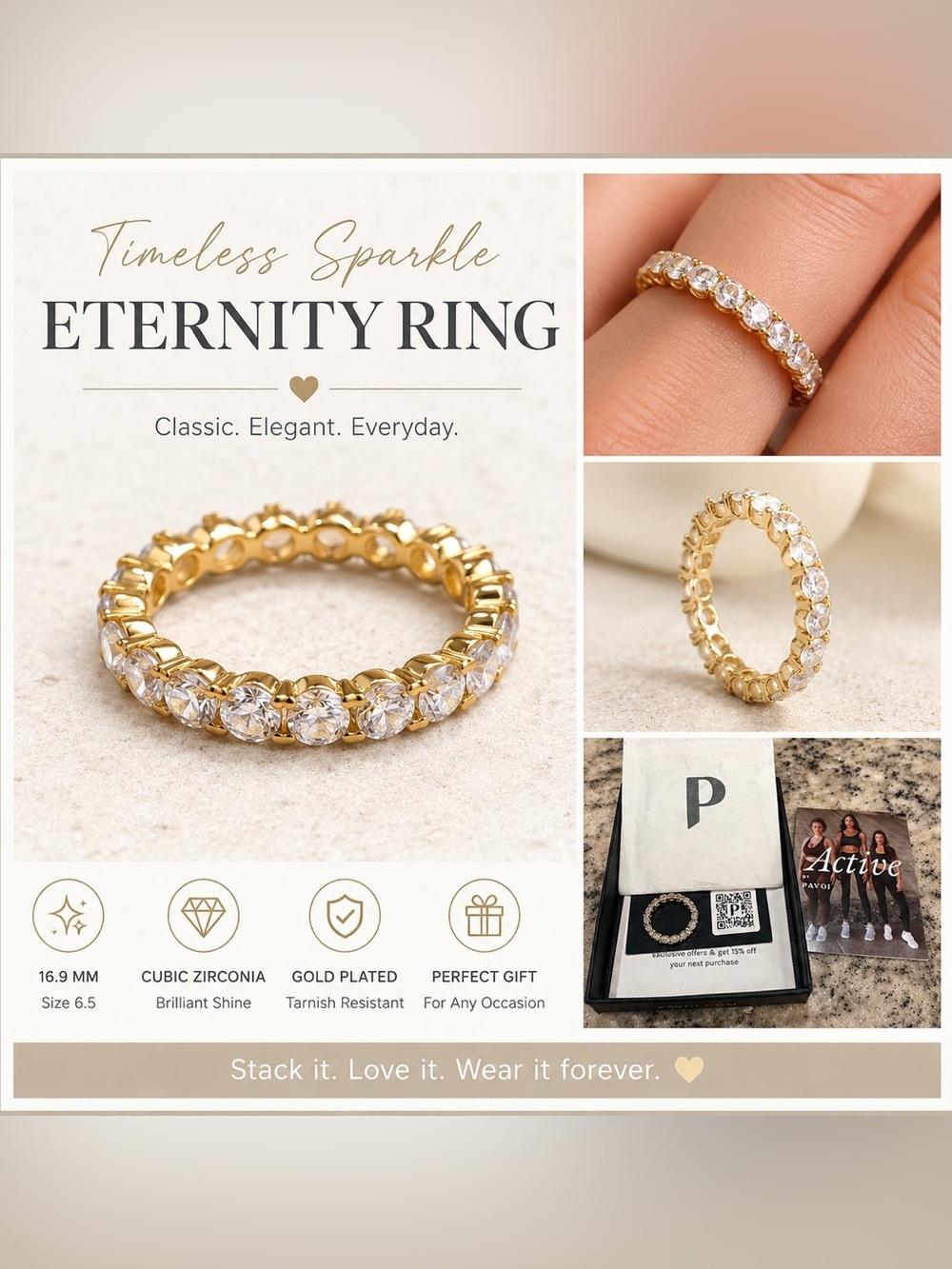 PAVOI Gold toned Eternity Ring with Clear Cubic Zirconia - Timeless Sparkle 5.5